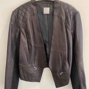 Halogen Black Leather Jacket with Quilted Shoulders